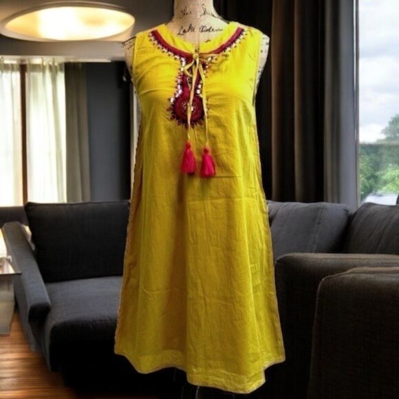 THML Yellow Green Global Chic Boho Hippie Festival Embroidered Shift Dress XS - Picture 1 of 9